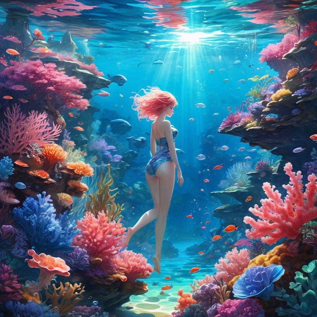 A captivating illustration of a serene underwater scene featuring vibrant coral reefs and whimsical aquatic creatures, intertwined with elements of adult anime art and erotic themes. Ethereal light filtering through the water enhances the sensual atmosphere. Include characters with flowing, elegant poses, surrounded by soft bubbles and delicate sea plants. The palette should be rich with deep blues and radiant pinks. super-realistic. vibrant colors. 3D.