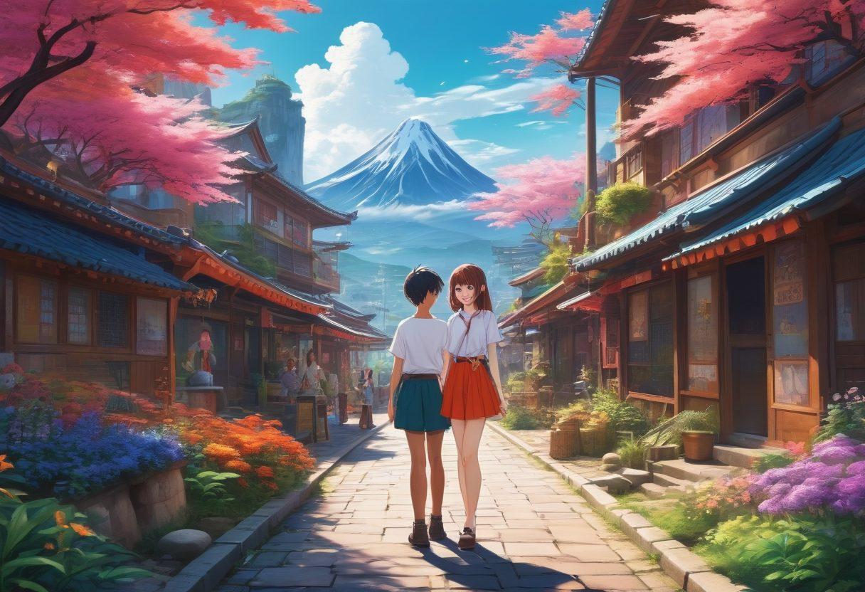 A whimsical scene filled with colorful anime-inspired characters engaged in various fantasy adventures, surrounded by elements symbolizing Hentai culture such as tantalizing art and posters. Include a vibrant and imaginative background with a blend of dreamy landscapes and urban settings. Showcase a diverse group of enthusiasts interacting and sharing their interests in a lively atmosphere. Ensure the characters are expressive and dynamic in their poses. anime style. vibrant colors. dynamic composition.